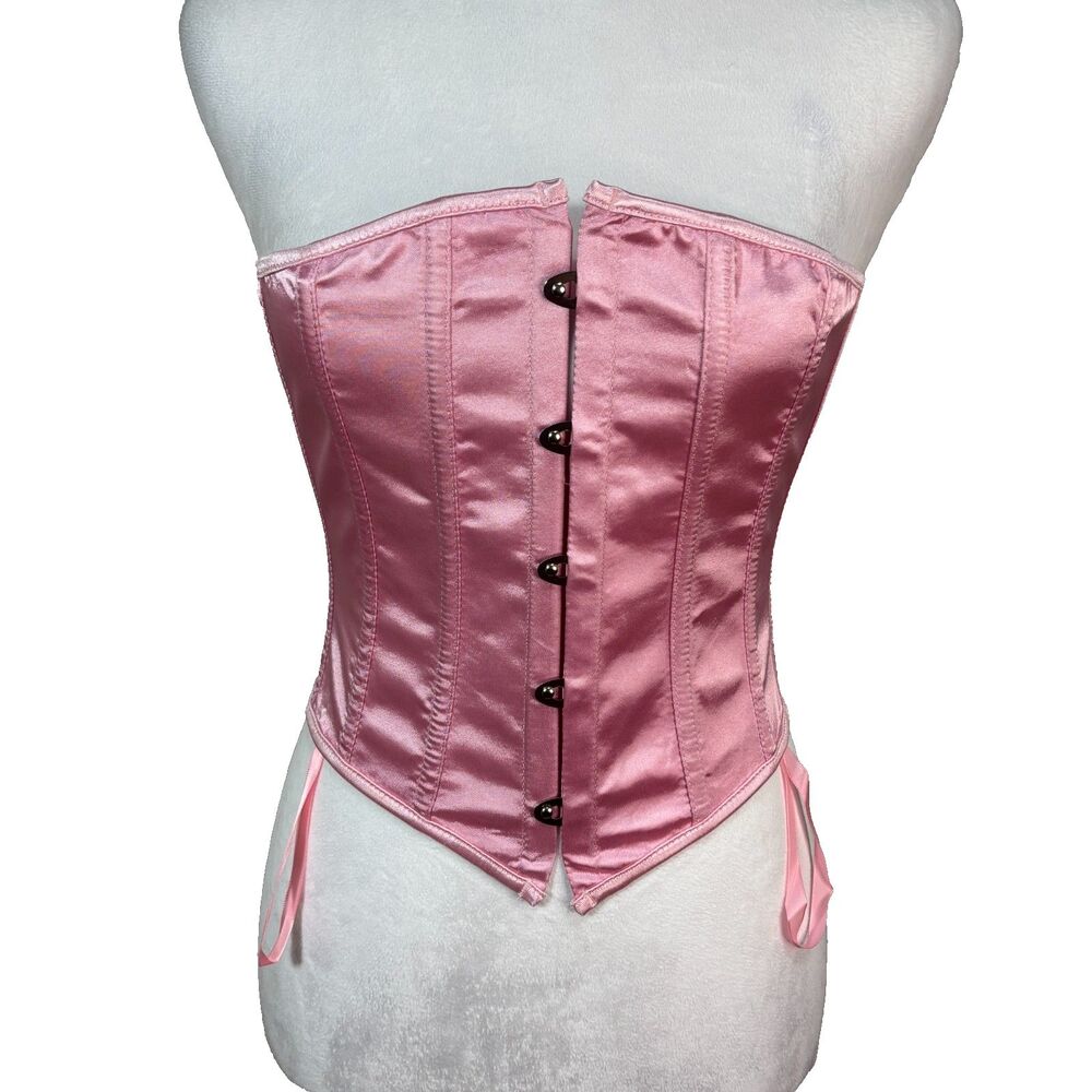 Corset Top Pink Satin‎ Lace Up G-String Set New Burlesque Lingerie Coquette S